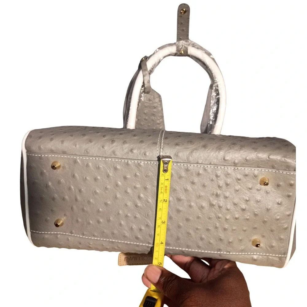 RoviMoss Girlfriend Satchel Grey White Ostrich Embossed Leather Handbag